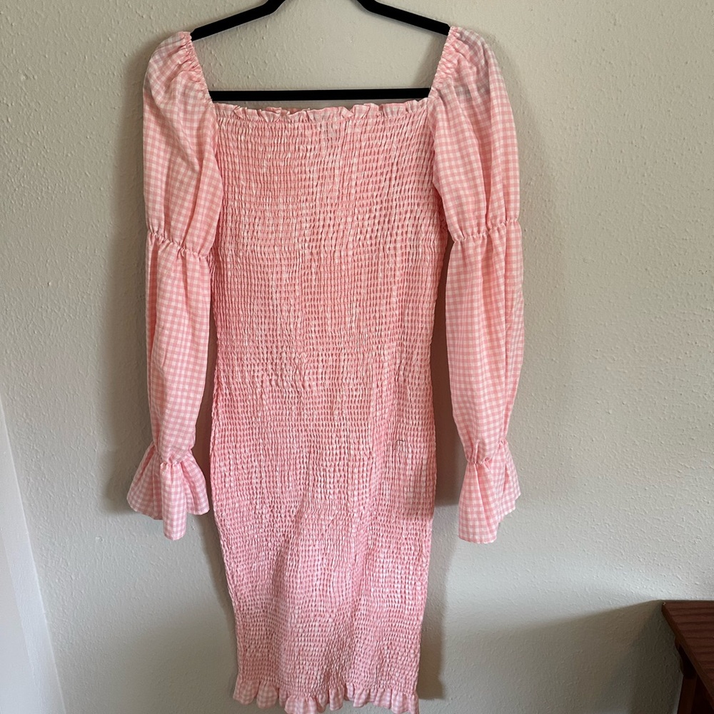SNDYS. Courtney Woman’s Size 8 pink and white gingham smocked midi dress.